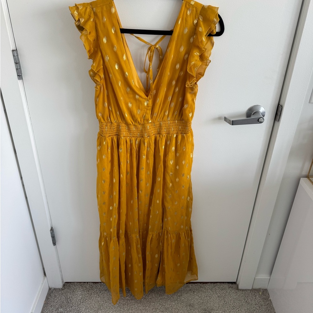 Lulu's Mustard Ruffle Midi Dress